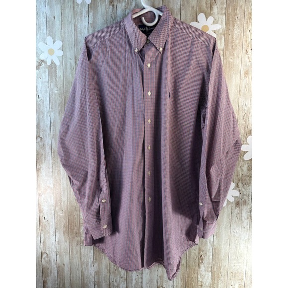 Ralph Lauren Men's Button Up Shirt Sz M 15.5 Red‎ Blue Check Yarmouth Cotton - Picture 1 of 8